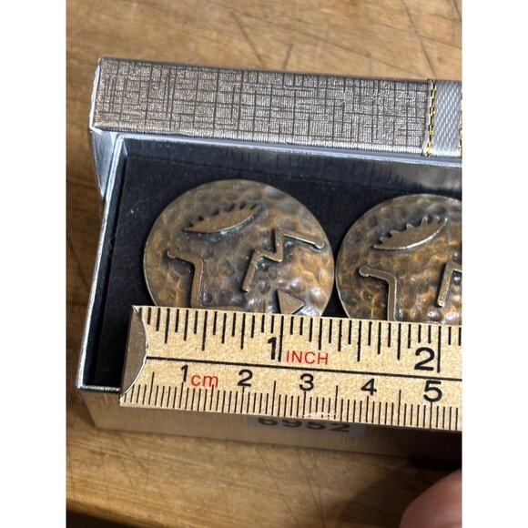 Vintage Brass Round Earrings With Geometric Tribal Design - Picture 5 of 6